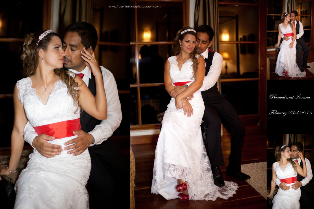 Bride and groom inside Honeymoon suite, San Ignacio Hotel. Bride sporting her second dress for reception